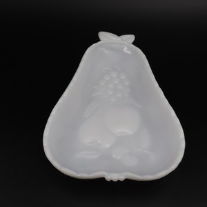 Vintage Hazel Atlas White Milk Glass Pear Shaped Candy, Nut, Trinket Dish, Embossed Fruit and Florals