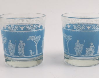Vintage Jeanette Wedgwood Blue And White Hellenic Greek Motif 3" Low Ball Glasses Jasperware   Set of 2