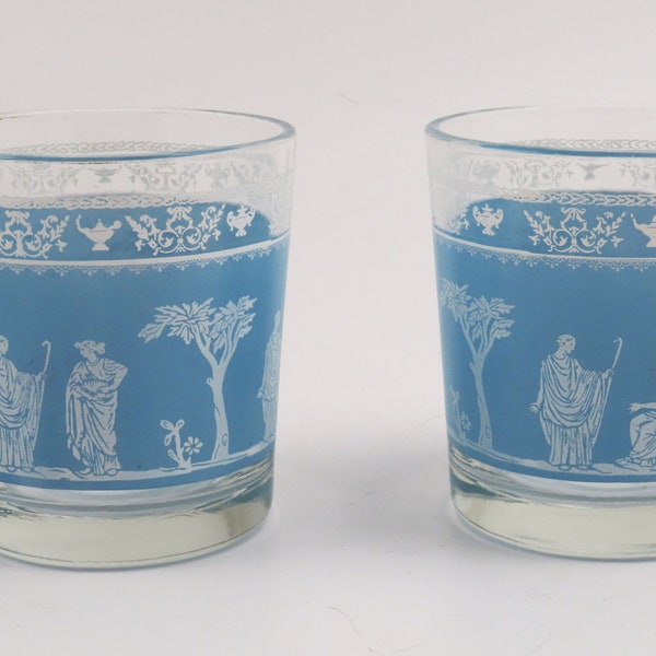 Vintage Jeanette Wedgwood Blue And White Hellenic Greek Motif 3" Low Ball Glasses Jasperware   Set of 2