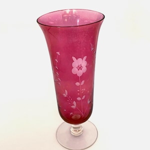 Etched Red Cranberry Colored, Blown Glass Footed Vase Pedestal Flowers Holder