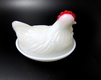 Vintage Handmade Milk Glass Hen On Nest Covered Dish