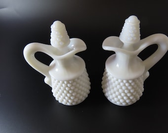 Imperial Milk Glass Early American Hobnail 3 3/4 inch Cruets With Stoppers.