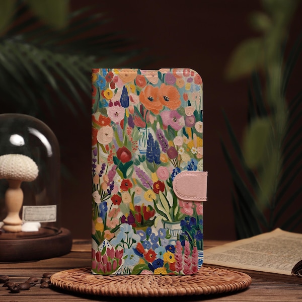 Vibrant Garden Painting Personalized Wallet Flip iPhone Case, iPhone Case With Card Holder For iPhone 16 15 14 13 12 11 Pro Max Case,X/XR/XS