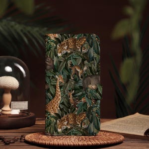 Jungle World of Animals Personalised Wallet Flip Phone Case, Engraved Name Retro iPhone Case for 16 15 14 13 12 11 XR SE
