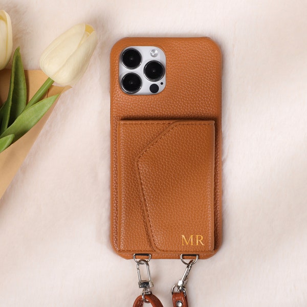 Leather Phone Case with Card slot and long strap, Personalized Leather Case for iPhone 15ProMax, iPhone 15 14 13 11 12, Leather Phone Case