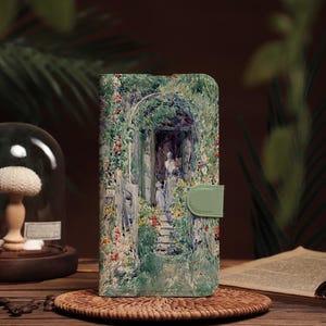 Secret Garden Canvas Gepersonaliseerde Portemonnee Flip Telefoonhoesje, Gegraveerde Naam Retro iPhone Hoesje voor 16 15 14 13 12 11 XR SE