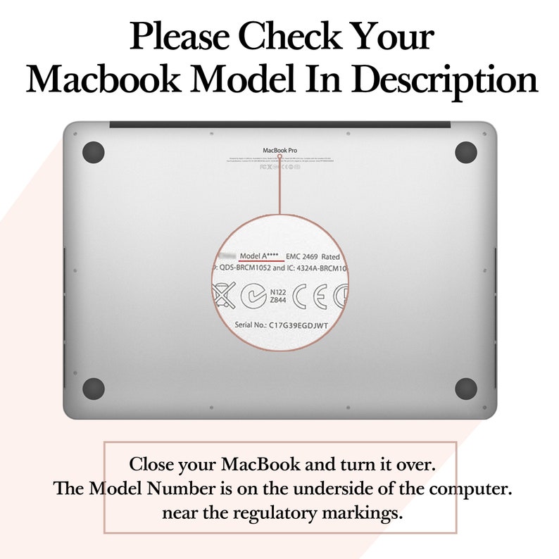 May include: Close-up of the underside of a silver MacBook Pro laptop. The model number, EMC number, and serial number are visible on the label. The label also includes a CE mark and a warning symbol.