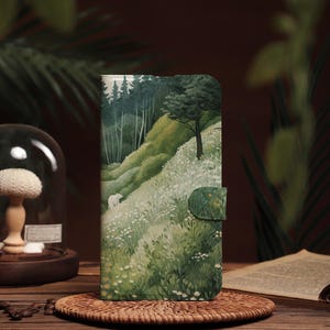 Green Field Forest Personalised Wallet Flip Phone Case, Engraved Name Retro iPhone Case for 16 15 14 13 12 11 XR SE