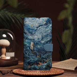 Abstract Sky & Sea Personalised Wallet Flip Phone Case, Engraved Name Retro iPhone Case for 16 15 14 13 12 11 XR SE