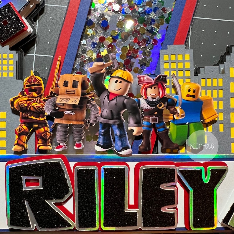 May include: A colorful birthday card featuring a cityscape with a glittery background. The card has a name, "Riley", written in black letters with a glittery border. The card features five Roblox characters, including a pirate, a builder, a knight, and two other characters.