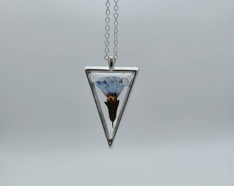 Blue Flower Necklace | Resin Necklace | Silver Necklace | Nature Jewelry | Flowers in Resin | Triangle Pendant