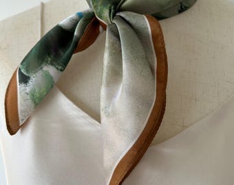 Mulberry Silk Scarf: White Peonies Sketch, Green Floral Neckerchief (21" x 21")
