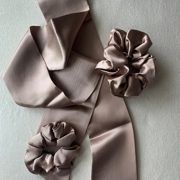 Mulberry Silk Scarf & Scrunchies Set: Dark Pastel Pink Hair Accessories