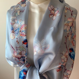 100% Natural Mulberry Silk 68&quot; x 22&quot; Long Silk Scarf Light Blue Delicate Plum Blossoms Birds Soft Light Silk Shawl Silk Neck Scarf