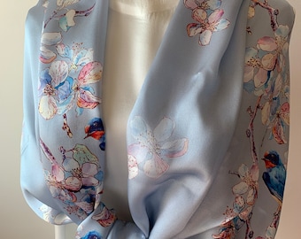 Mulberry Silk Scarf: Light Blue Plum Blossom & Magpie Design