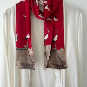 Pure Natural Mulberry Silk 59&quot; x 6.6&quot; Narrow Scarf Red Auspicious Cranes Oriental Art Silk Neck Scarf Hair Scarf Christmas Scarf Gift