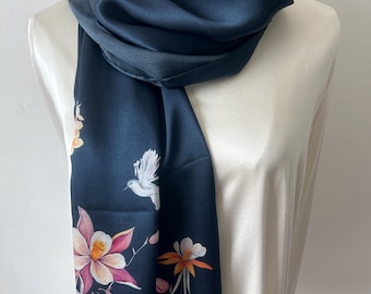 Mulberry Silk Scarf: Floral Oriental Style, Deep Blue Shawl (68" x 22")
