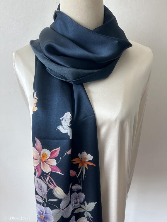 Mulberry Silk Scarf: Floral Oriental Style, Deep Blue Shawl (68