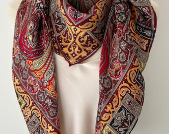 Red Mulberry Silk Scarf: Paisley Print Neck Scarf, Hair Wrap (43" Square)