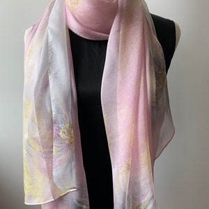 100% Natural Mulberry Silk Chiffon Scarf 71&quot; x 28&quot; Soft Light Weight Summer Floral Light Pink Silk Neck Scarf Small Silk Shawl Gift