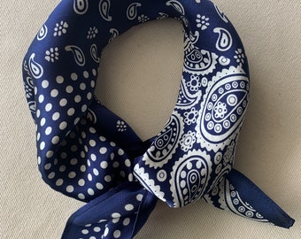 100% Natural Mulberry Silk 21" x 21" Small Scarf Navy Blue Multi Patterned Neckerchief Headband Hair Scarf Wrist Bag Scarf Gift Her Him