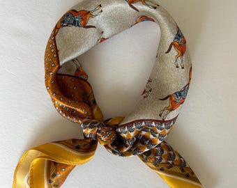 Mulberry Silk Scarf: Ancient Horses Print Neckerchief (21" x 21")