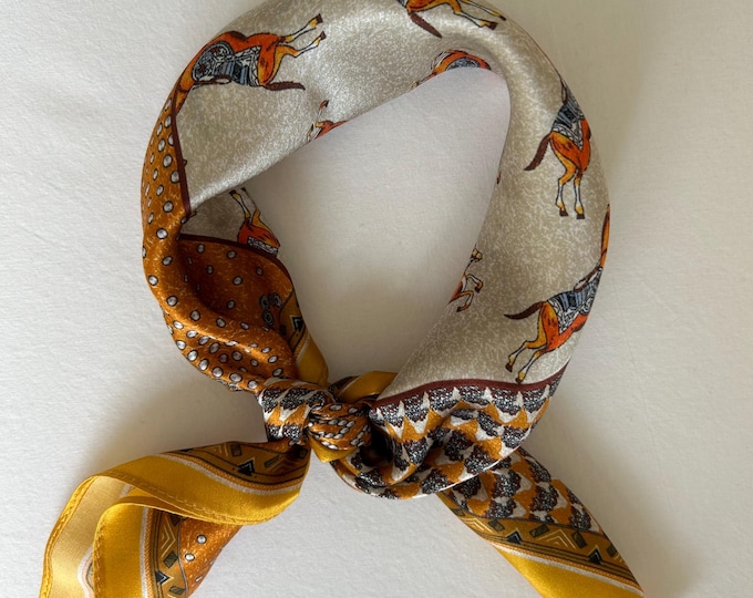 Mulberry Silk Scarf: Ancient Horses Print Neckerchief (21" x 21")