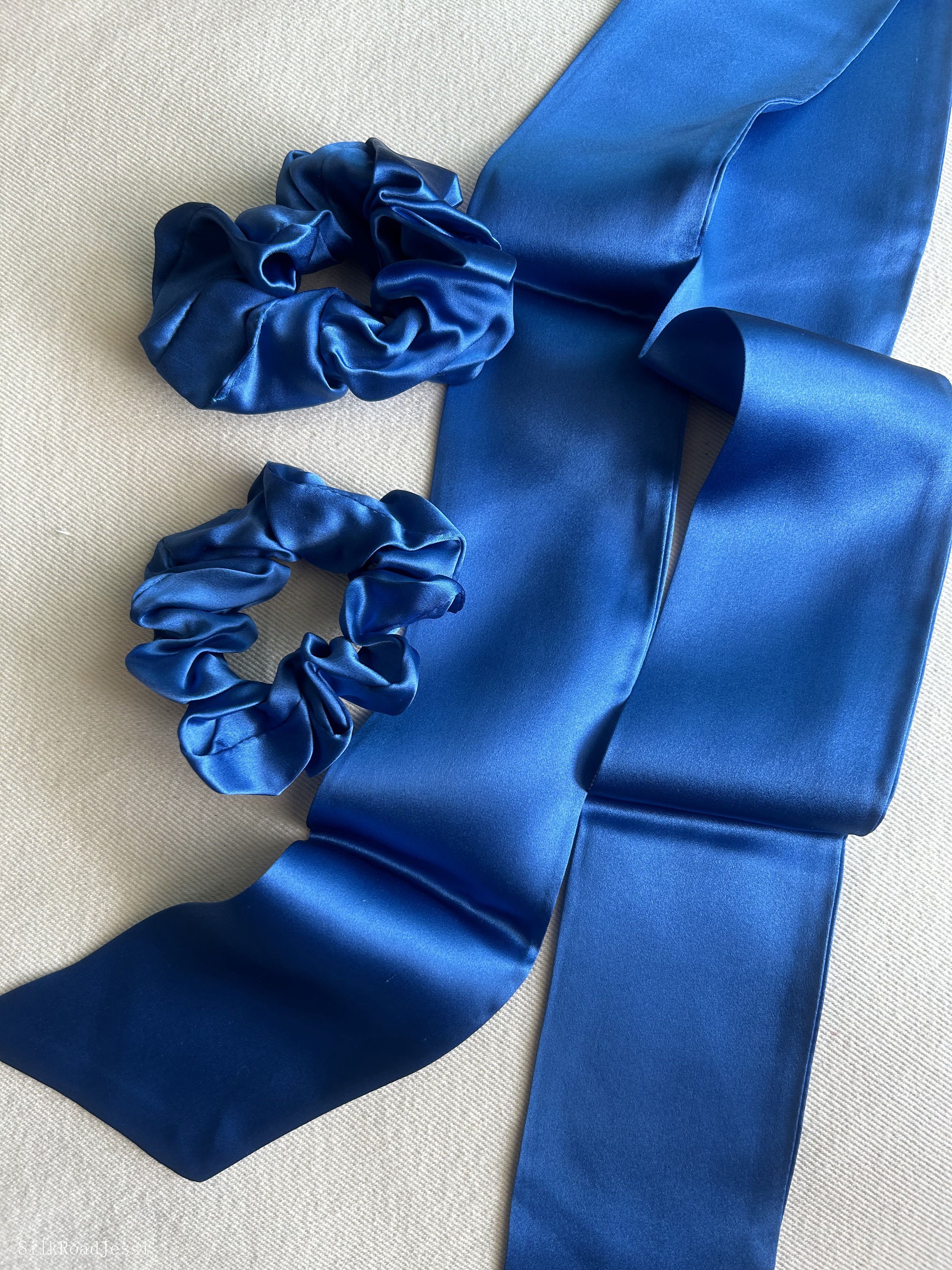 Blue Mulberry Silk Scarf Set: Skinny Scarf & Scrunchies