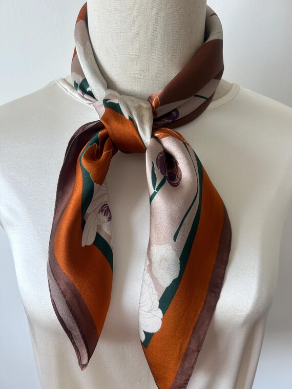 Mulberry Silk Square Scarf: Green & Orange Floral  display picture 3