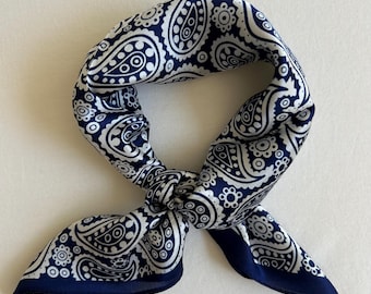 Paisley Mulberry Silk Scarf: Navy & White Neckerchief, Wrist Scarf 21"