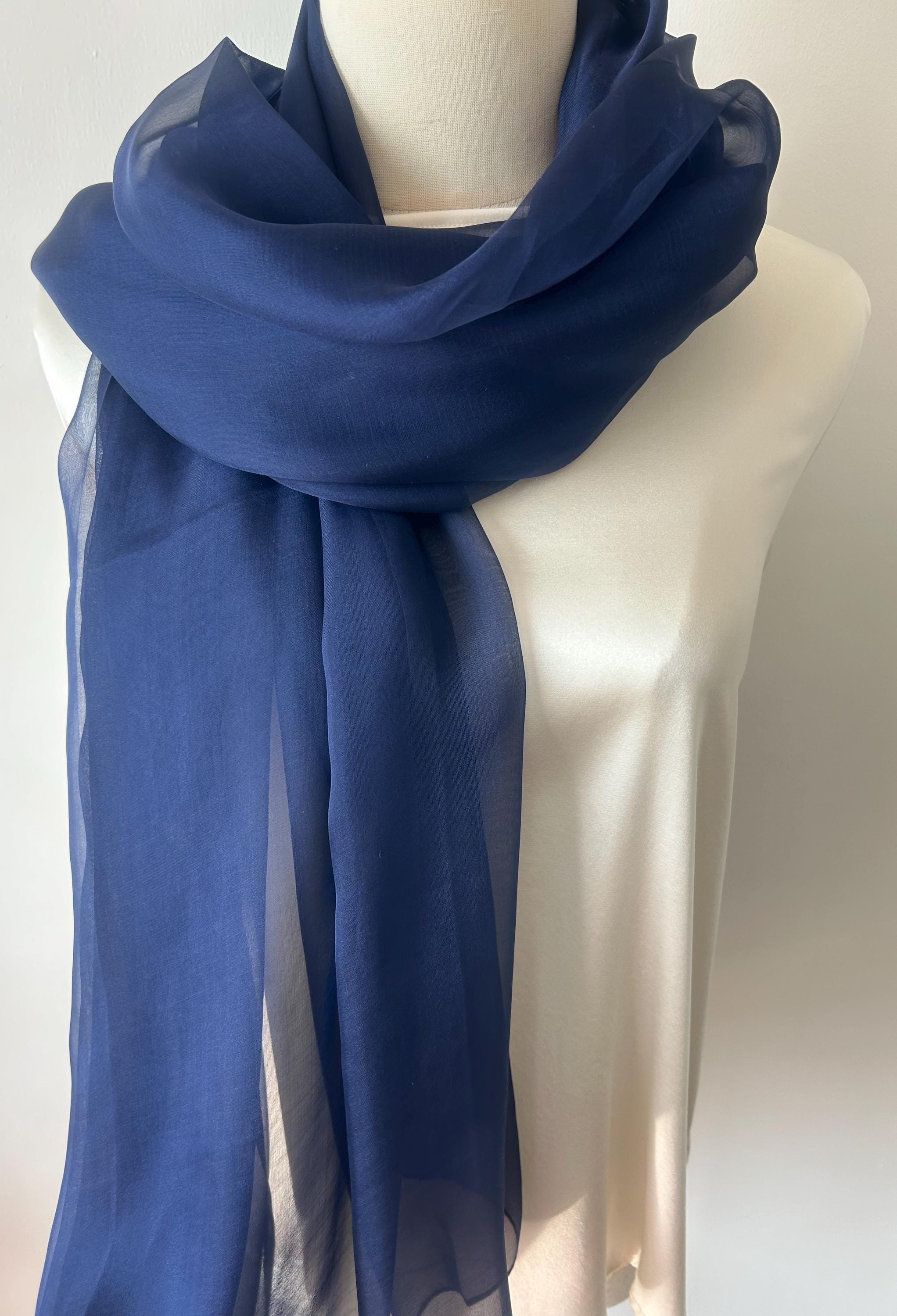 Mulberry Silk Chiffon Scarf: Lightweight Sheer Shawl, Navy