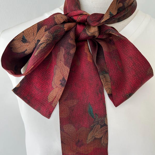 Handmade Gambiered Canton Silk Narrow Scarf: Deep Burgundy Floral Hair Bow Necktie
