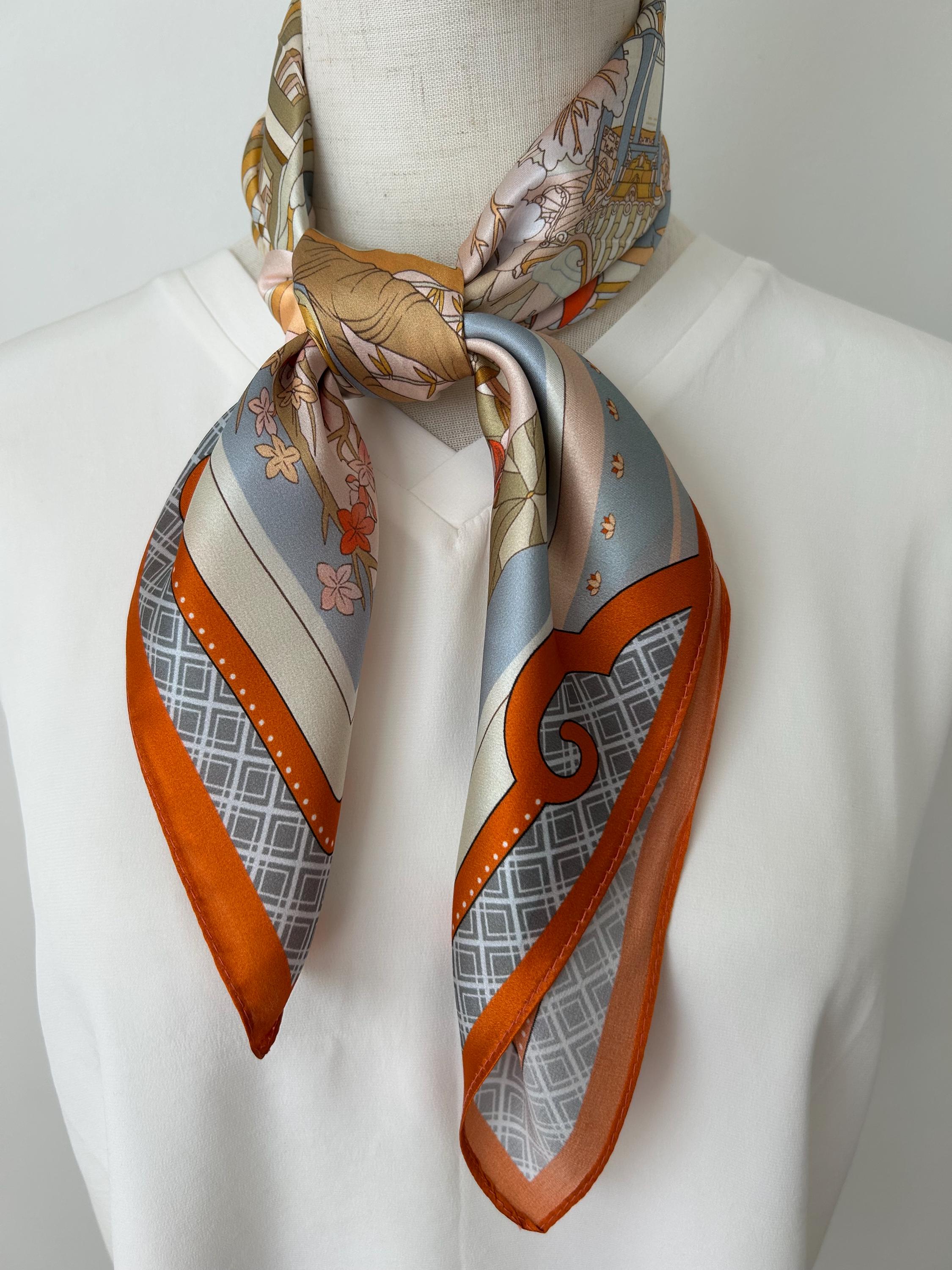 Mulberry Silk Square Scarf: West Lake Scenery, Orange & Pink 