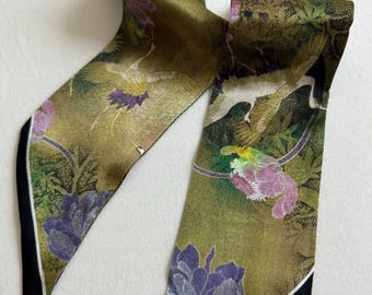 Mulberry Silk Skinny Scarf: Cranes & Peony Floral Neck Bow 39”x2.36”