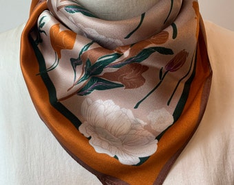 Pure Natural Mulberry Silk 21" x 21" Small Square Silk Scarf Green Orange Floral Silk Neckerchief Hair Scarf Bag Scarf Silk Scarf Gift