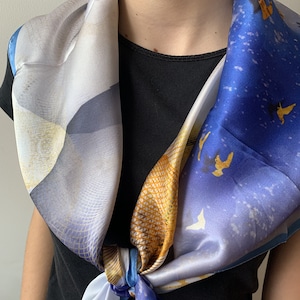 Mulberry Silk Scarf: Blue Scenery Print, Hand-Rolled Edges (35" x 35")
