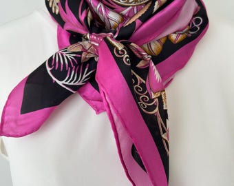 Mulberry Silk Scarf: Pink Floral Large Square 35” Vintage Style
