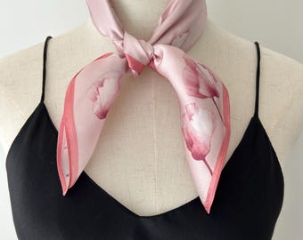Floral Mulberry Silk Scarf: Light Pink Neckerchief, Hair & Bag Accessory