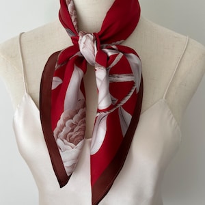 Mulberry Silk Scarf: Red & White Floral Neckerchief (26"x26")