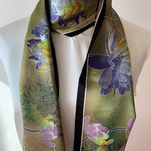 Pure Natural Mulberry Silk Narrow Scarf 59" x 6.6" Purple Green Oriental Art "Cranes and Peonies" Neck Scarf Hair Scarf Bag Silk Scarf Gift