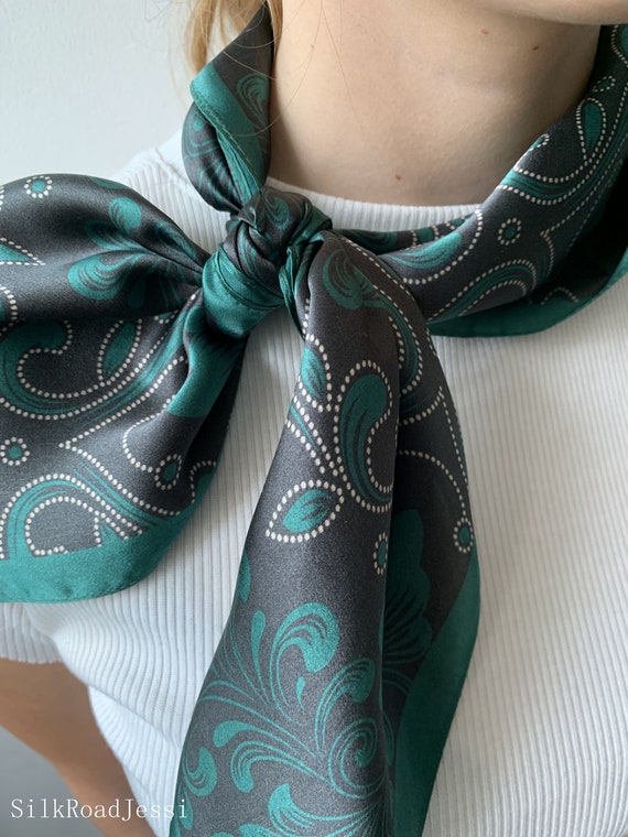 Mulberry Silk Scarf: Turquoise Green Paisley Neckerchief (26 