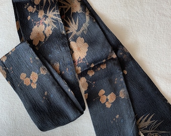 Custom Designed Made Gambiered Canton Gauze Narrow 59" x 2.6" Hair/Necktie /Pony/Bag/Wrist Oriental Style Silk Scarf Dark Blue Gift for Her