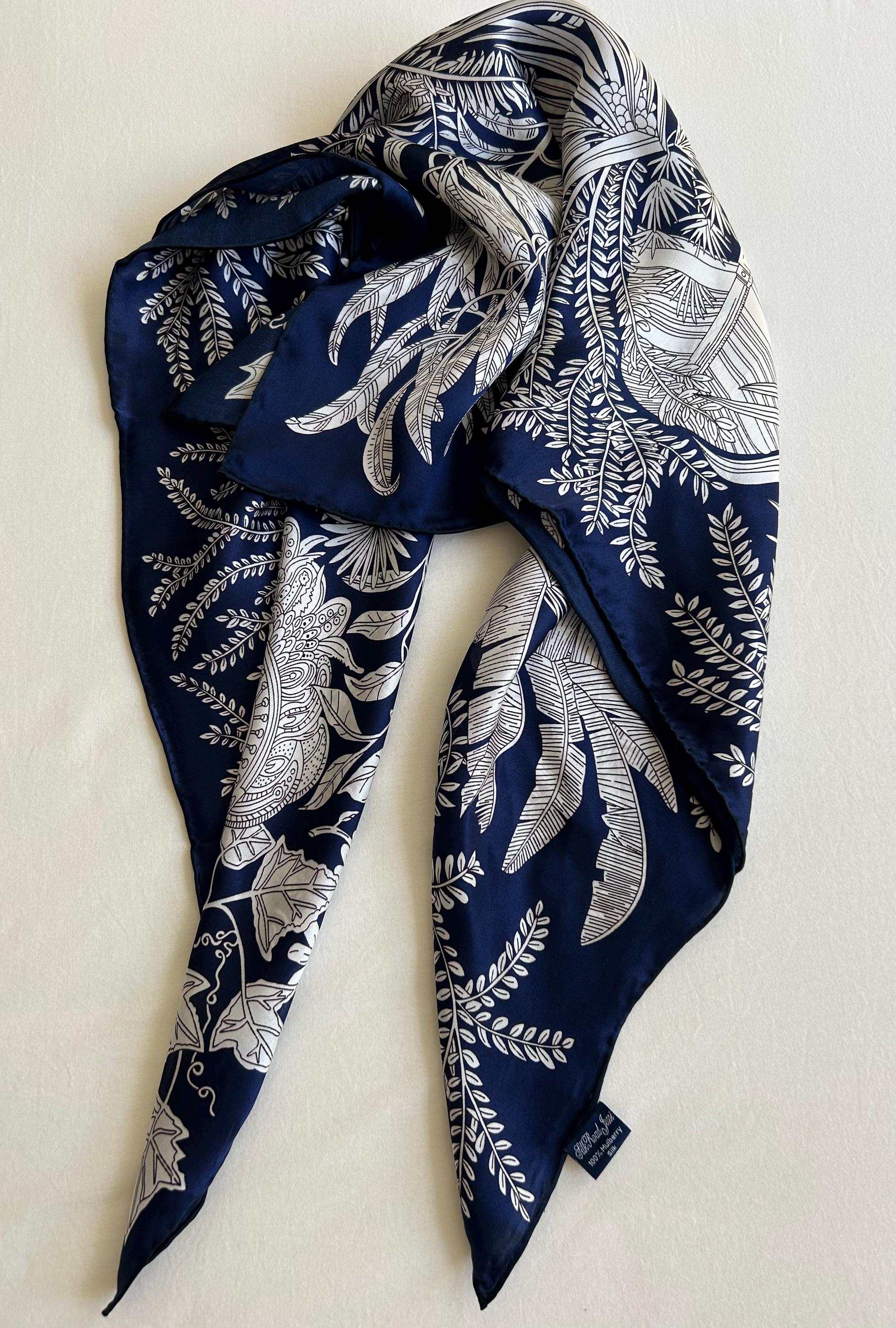 Mulberry Silk Scarf: Navy Blue Floral Sketch, 35