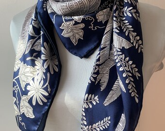 100% Natural Mulberry Silk 35" x 35" Scarf Plants Sketch Silk Neck Scarf Head Scarf Hair Wrap Silk Shawl Blue Navy Silver Scarf Gift