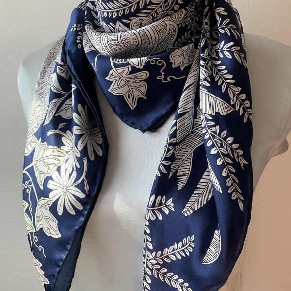 100% Natural Mulberry Silk 35" x 35" Scarf Plants Sketch Silk Neck Scarf Head Scarf Hair Wrap Silk Shawl Blue Navy Silver Scarf Gift