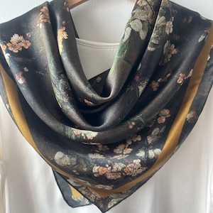 100% Natural Mulberry Silk Large Scarf 43" x 43" Oil Painting Floral Dark Brown Silk Neck Scarf Silk Hair Wrap Floral Silk Shawl Scarf Gift