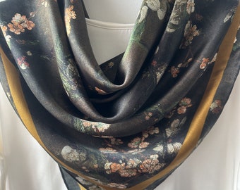 100% Natural Mulberry Silk Large Scarf 43" x 43" Oil Painting Floral Dark Brown Silk Neck Scarf Silk Hair Wrap Floral Silk Shawl Scarf Gift