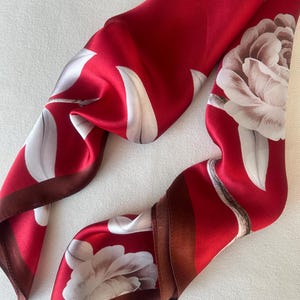 Mulberry Silk Scarf: Red Floral Neckerchief (26&quot;x26&quot;)