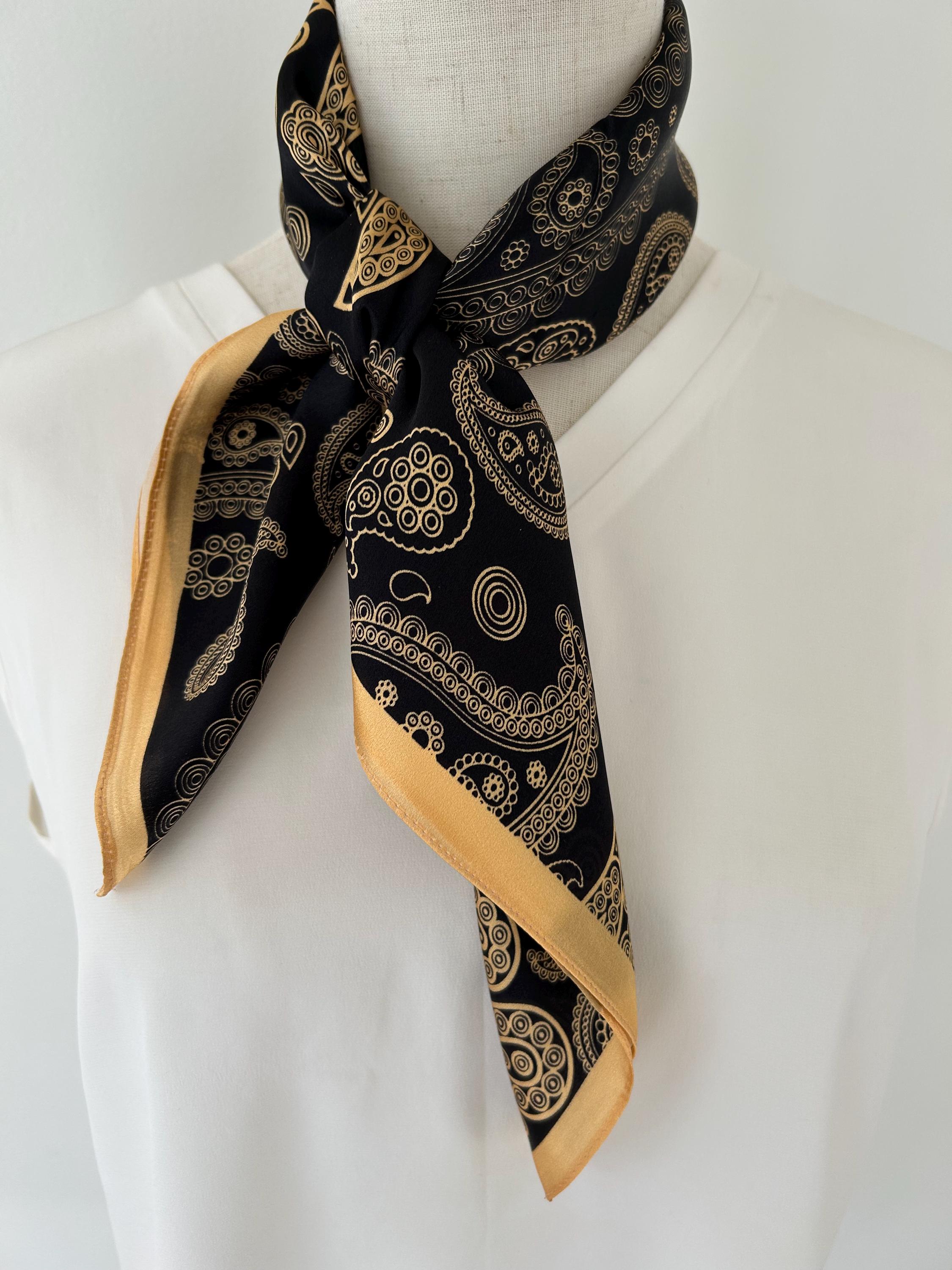 Mulberry Silk Scarf: Gold Paisley Gray Black Neckerchief (26