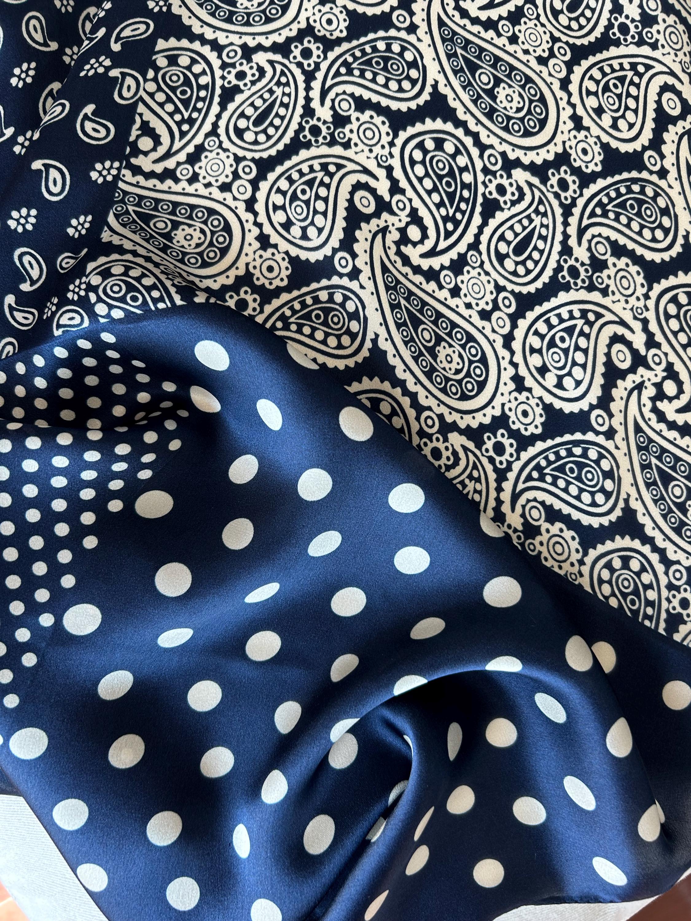 Mulberry Silk Scarf: Navy Blue Patterned Neckerchief (21 Mulberry Silk Scarf: Navy Blue Patterned Neckerchief (21